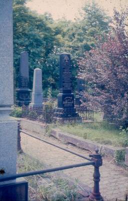 Osijek: Cemitério Judaico. Túmulo de Leo Wollf e em memória da família (negro, no centro)